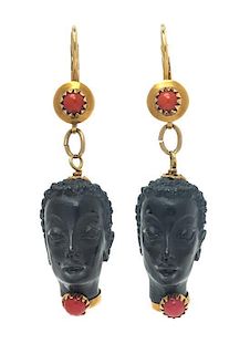* A Pair of 18 Karat Yellow Gold, Black Coral and Coral Moretti Earrings, Coretto, Italian, 3.90 dwts.
