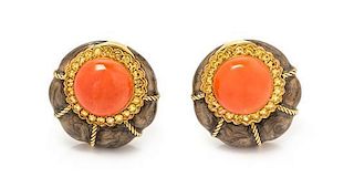* A Pair of 18 Karat Yellow Gold, Coral, Yellow Sapphire and Enamel Earclips, Italian, 16.60 dwts.