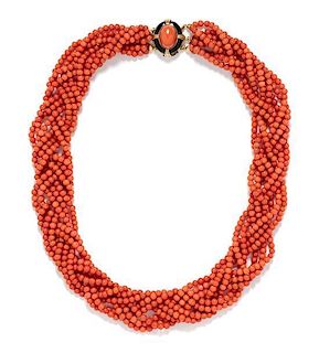 A Yellow Gold, Coral and Onyx Torsade Necklace,