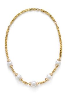 A Yellow Gold, Cultured South Sea Pearl and Diamond Convertible Necklace 53.40 dwts.