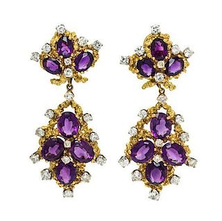 A Pair Bicolor Gold, Amethyst and Diamond Convertible Pendant Earclips, 30.30 dwts.