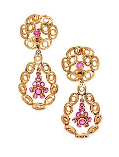 A Pair of 18 Karat Yellow Gold and Ruby Pendant Earclips, Lalaounis, 17.20 dwts.