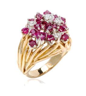 An 18 Karat Yellow Gold, Diamond and Ruby Cluster Ring, 9.40 dwts.
