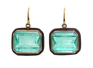A Pair of Yellow Gold, Silver and Emerald Earrings, Judy Geib, 7.10 dwts.