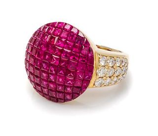 An 18 Karat Yellow Gold, Invisibly Set Ruby and Diamond Ring, 14.30 dwts.