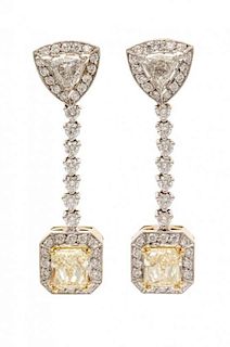 A Pair of Bicolor Gold, Colored Diamond and Diamond Pendant Earclips, 10.70 dwts.