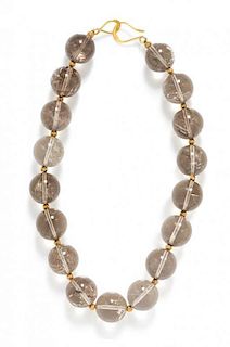 A Yellow Gold and Rutilated Quartz Bead Necklace,