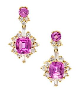 A Pair of 14 Karat Yellow Gold, Pink Sapphire and Diamond Earclips, 11.60 dwts.