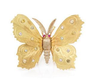 An 18 Karat Bicolor Gold, Colored Diamond, Diamond and Ruby Butterfly Clip-Brooch, Mario Buccellati, 17.60 dwts.