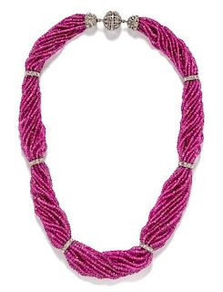 A Platinum, Diamond and Pink Sapphire Bead Torsade Necklace,