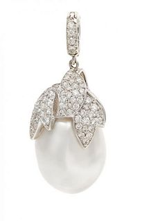 An 18 Karat White Gold, Baroque Cultured Pearl and Diamond Pendant, 7.60 dwts.