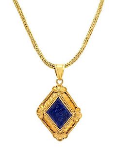 A Yellow Gold and Lapis Lazuli Pendant Necklace, 12.60 dwts.