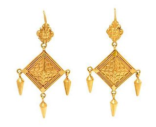 A Pair of High Karat Gold Pendant Earrings, 6.20 dwts.