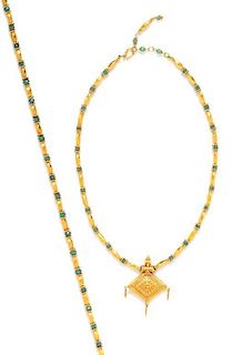 A Collection of Yellow Gold and Emerald Bead Necklaces, 40.70 dwts.