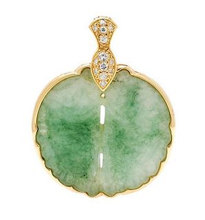 * A Yellow Gold, Carved Jade and Diamond Fish Motif Pendant, 13.40 dwts.