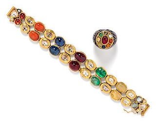 A Collection of High Karat Yellow Gold, Polychrome Enamel and Multigem Navratna Jewelry, Indian, 40.10 dwts.