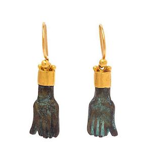 A Pair of 23 Karat Yellow Gold and Bronze Hand Motif 'Antiquities' Earrings, Gurhan, 4.10 dwts.