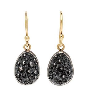 A Pair of 18 Karat Yellow Gold, Sterling Silver and Black Diamond Earrings, Todd Pownell, 2.80 dwts.
