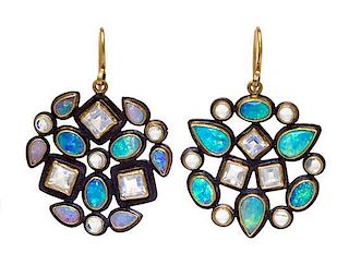 A Pair of 24 Karat Yellow Gold, Sterling Silver, Opal and Moonstone 'Kaleidoscope' Earrings, Judy Geib, 6.60 dwts.