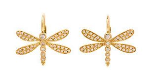 A Pair of 18 Karat Yellow Gold and Diamond Dragonfly Earrings, Temple St. Clair, 3.00 dwts.