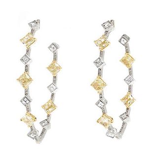 A Pair of Platinum, 18 Karat Yellow Gold, Diamond and Colored Diamond Hoop Earrings, Michael Beaudry, 9.40 dwts.