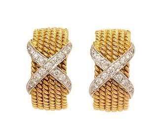 A Pair of 18 Karat Yellow Gold, Platinum and Diamond 'Rope Six-Row' Earclips, Schlumberger Studios for Tiffany & Co., 11.50 d