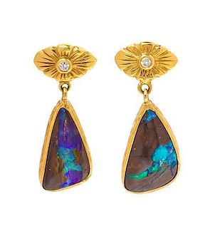A Pair of 18 Karat Yellow Gold, Opal and Diamond Earrings, K. Brunini, 6.10 dwts.