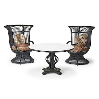 PAIR OF WILLOW AND REED ARMCHAIRS AND TABLE