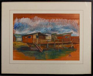 American School, Signd 20th C Pastel of Boathouse