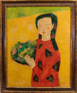 Signed, 20th C. Painting of Girl with Bouquet