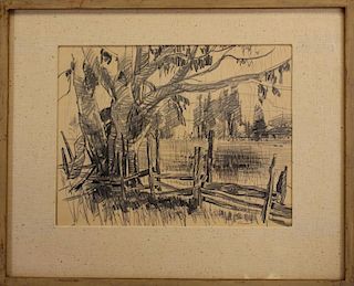 Rivers, Signed American School Landscape Drawing
