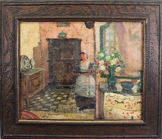 Signed, 20th C. Interior Oil on Canvas