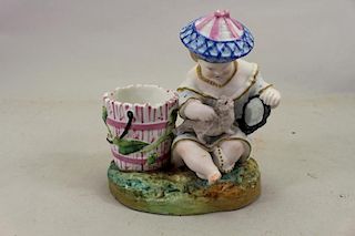 Painted Bisque Figurine of Boy w/ Cat