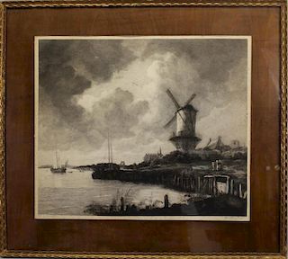 Early Dutch Windmill Etching, Pencil Signed