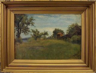 Signed, 1890 Painting of farmhouse in woods