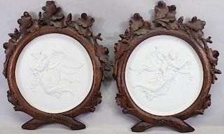 2 Cast Marble Allegorical Plaques in Carved Frames