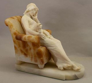 Carved Marble Woman Figure Holding Resting Dog