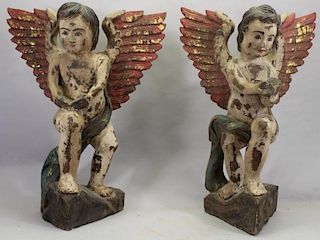 Pair of Antique Carved Painted Cherubs