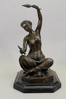 Signed Seated Bronze Female Figure