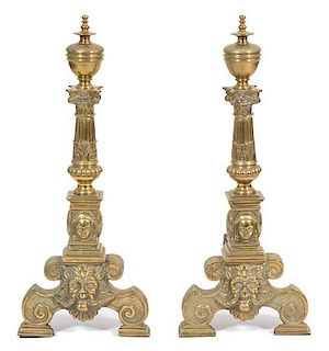 A Pair of Flemish Baroque Style Brass Chenets Height 24 inches.