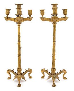 A Pair of Italian Gilt Bronze Four Light Candelabra Height 20 inches.