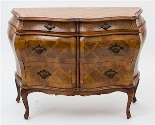 An Italian Bombe Walnut Parquetry Commode Height 32 x width 40 1/2 x depth 7 inches.