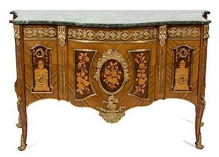 A Louis XV/XVI Transitional Style Marquetry Kingwood Marble Top Commode Height 36 x width 57 x depth 23 inches.