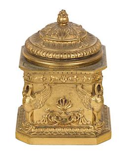 A French Neoclassical Style Gilt Bronze Inkwell Height 4 1/2 x width 3 1/4 x depth 3 1/4 inches.