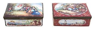 Two French Painted Enamel Covered Boxes Height 2 x width 4 1/2 x depth 3 1/2 inches.