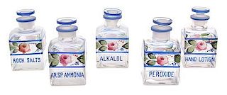 A Group of Five Continental Hand-Painted Glass Perfume Bottles Height 4 1/2 x width 2 1/2 x depth 2 1/2 inches.