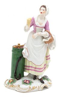 A German Porcelain Figure of a Female Street Vendor Height 8 3/4 inches.