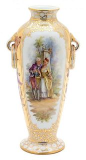 A Dresden Polychrome and Gilt Decorated Vase Height 9 x width 4 x depth 4 inches.