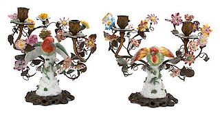 A Pair of Meissen Style Porcelain Mounted Bronze Two-Light Candelabrum Height 11 x width 13 x depth 8 inches.