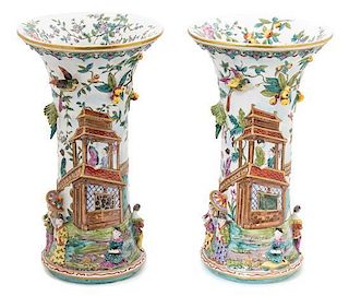 A Pair of Chinese Style Gu-Form High Relief Samson Porcelain Vases Height 15 inches.